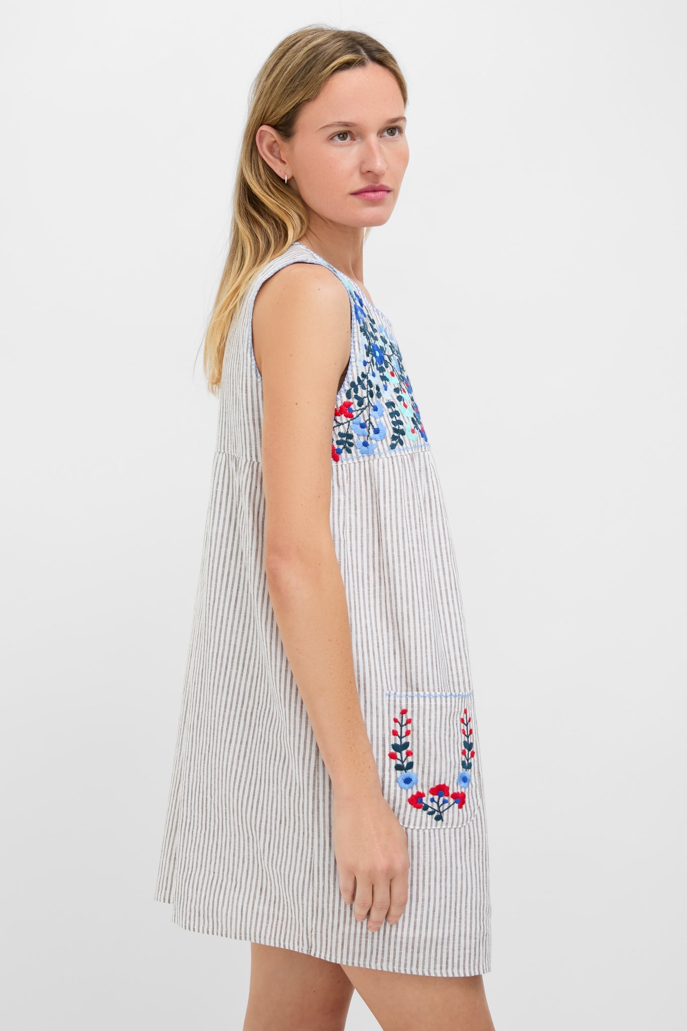 Tan Stripe Embroidered Linen Sunny Mini Dress