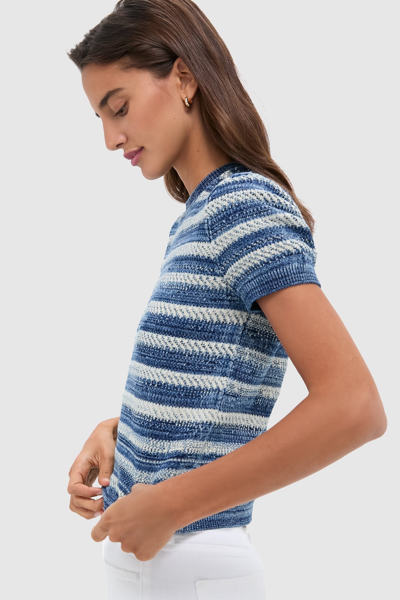 Indigo and Ecru Short Sleeve Pullover Sweater
