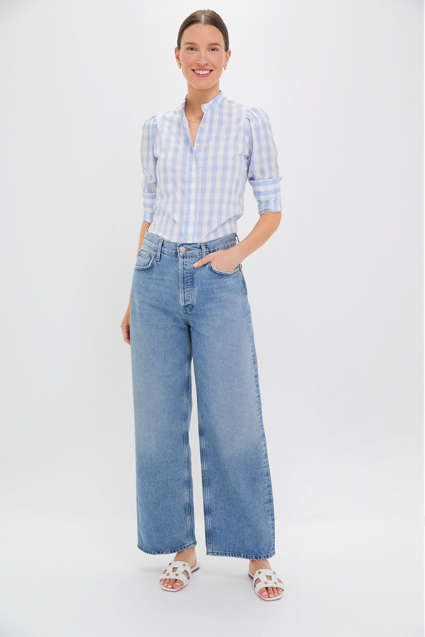 Exclusive Sky Blue Gingham Puffed Shoulder Shirt
