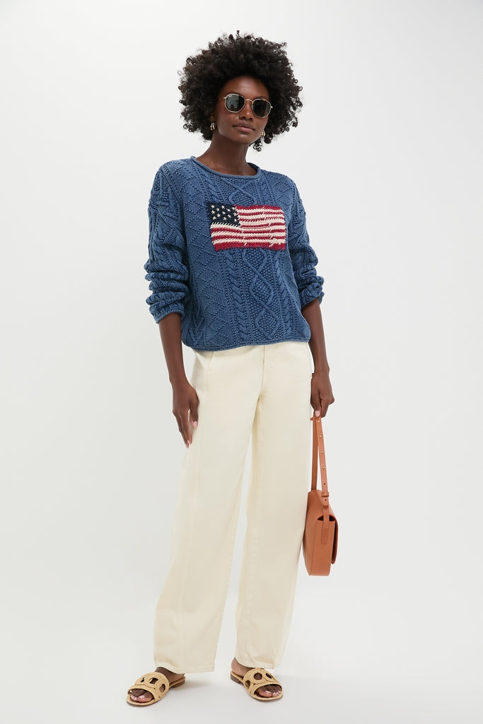 Indigo American Flag Long Sleeve Pullover Sweater