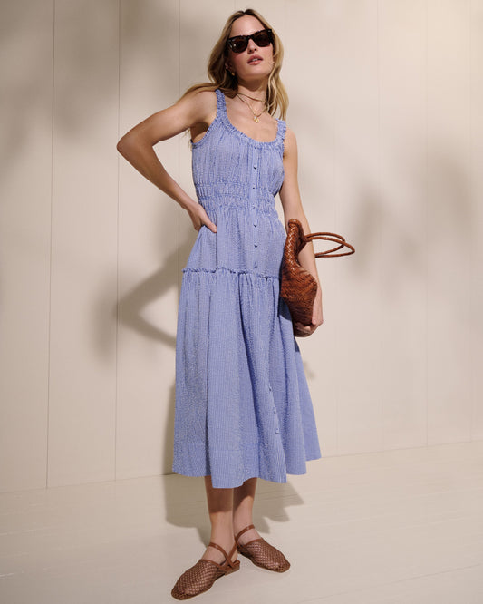 Blue and White Gingham Seersucker Landis Maxi Dress
