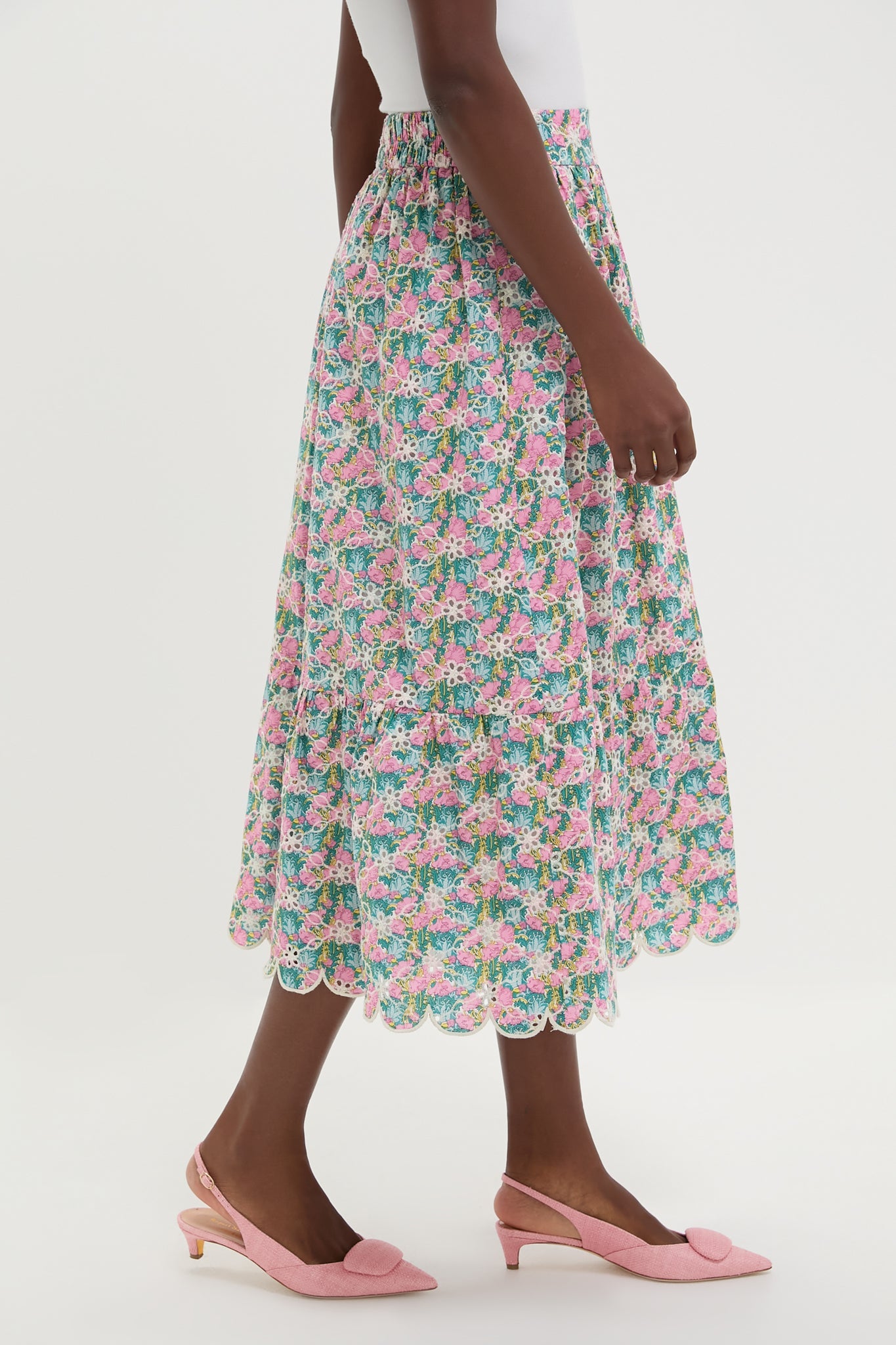 Pink Multi Floral Scalloped Eyelet Carter Midi Skirt