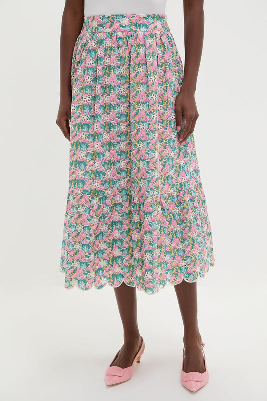 Pink Multi Floral Scalloped Eyelet Carter Midi Skirt